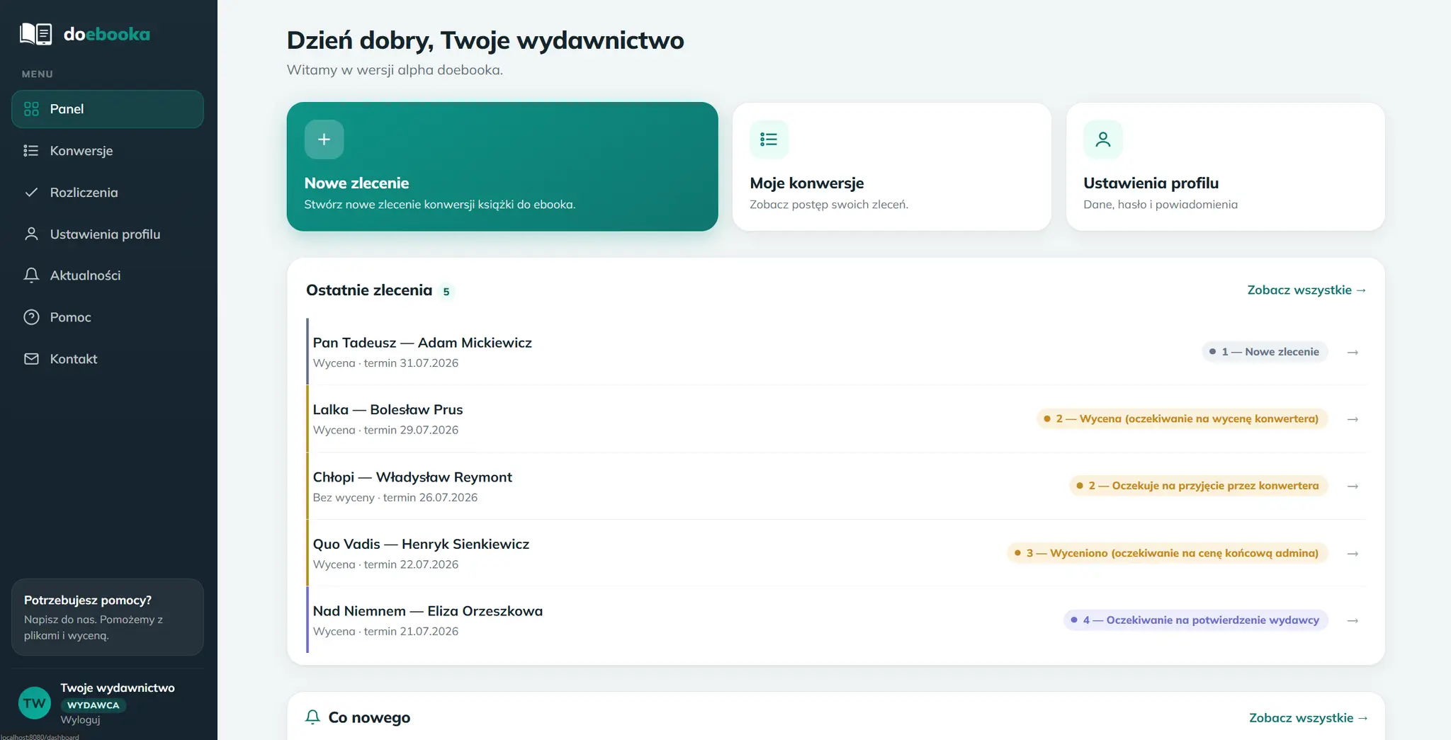 Panel Doebooka – lista zleceń z ich statusami i terminami